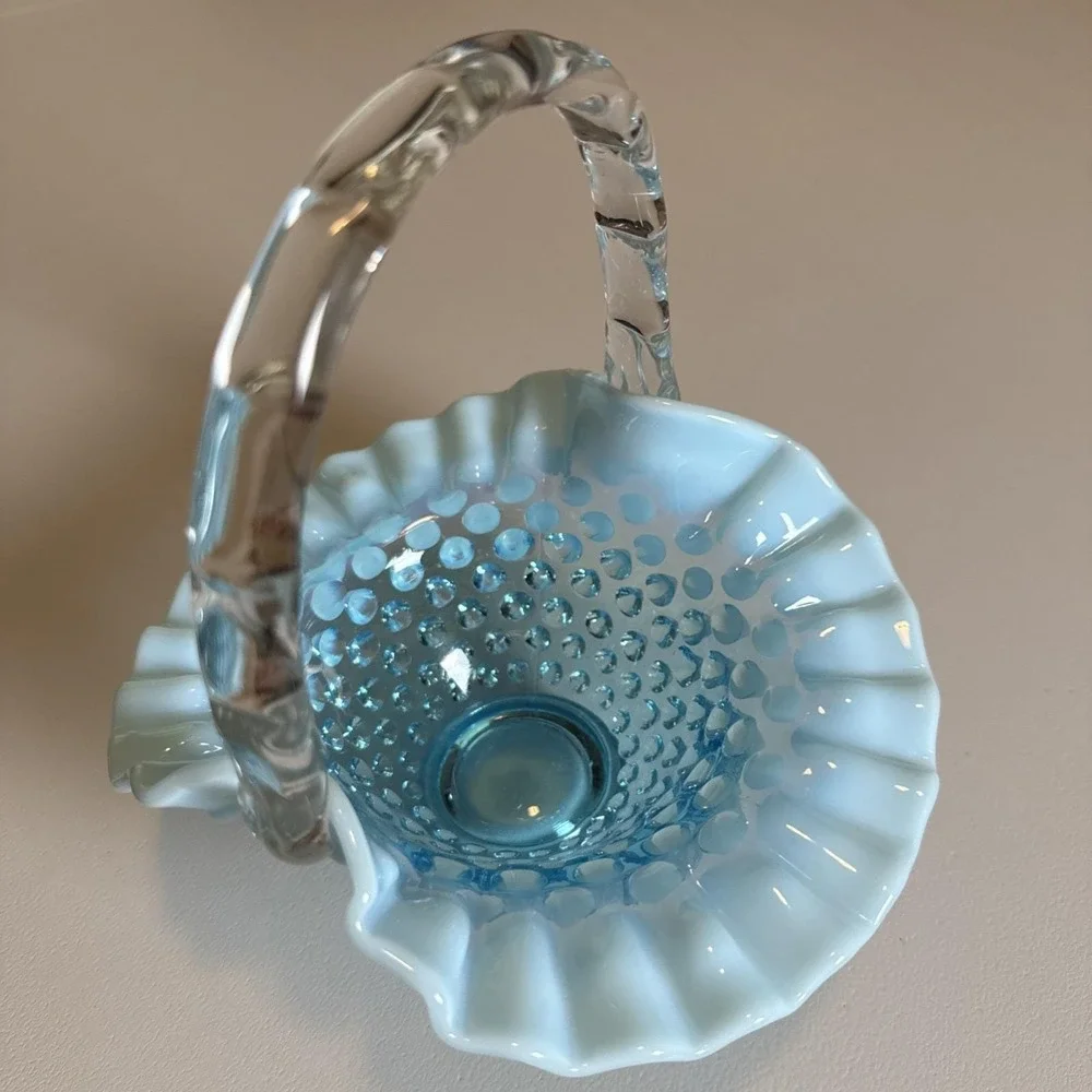 Fenton Blue Opalescent Hobnail‎ Small Basket Ruffled Glass with Handle Vintage